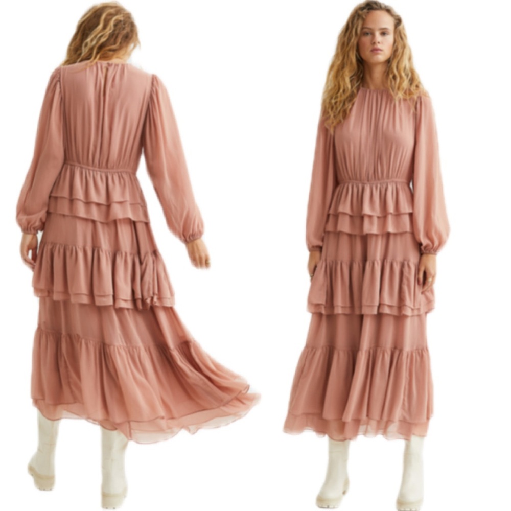 H&M Dusty Rose Chiffon ruffled tiered, balloon, sleeves, midi/tea length dress M